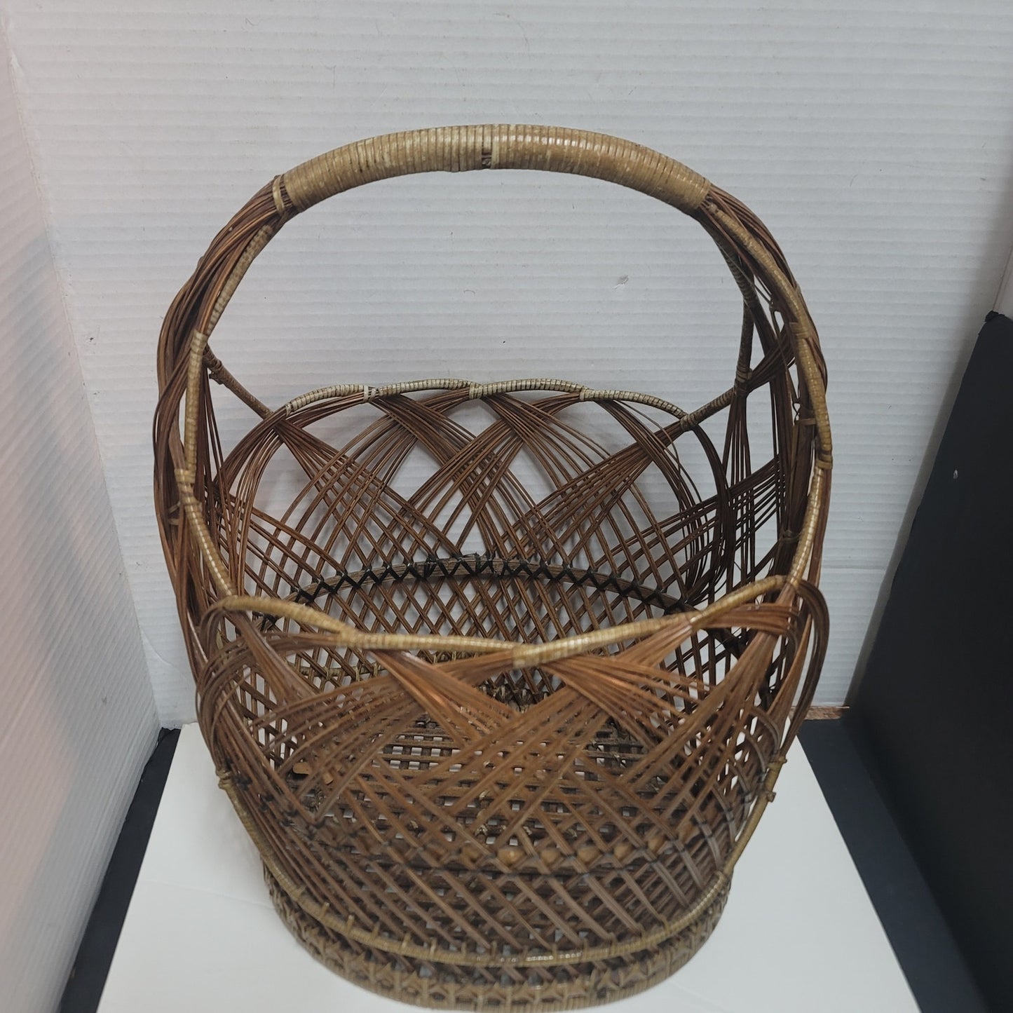 Vintage Pine Straw Basket with handle woven storage 16" tall gift