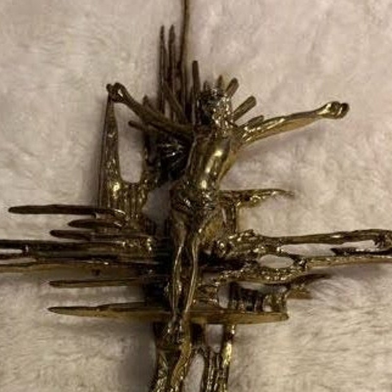 Brutalist crucifix religious wall sculpture goldtone Jesus on Cross Spain Bronze
