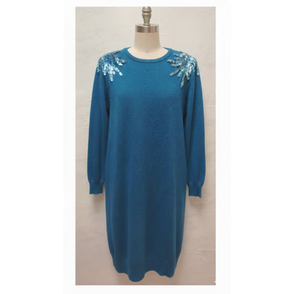Vintage Plain Jane Size Medium Blue sweater dress Sequin epulets shoulders 1980s
