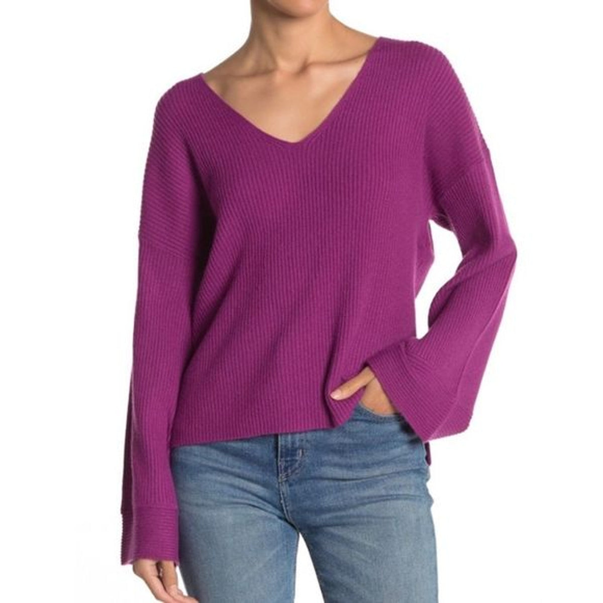 Free Press NEW Oversized Purple V-Neck Bell Sleeve Ribbed Sweater small