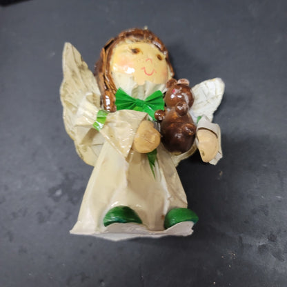 Paper Mache Angel handmade Christmas Caroler Holding a dog 6"