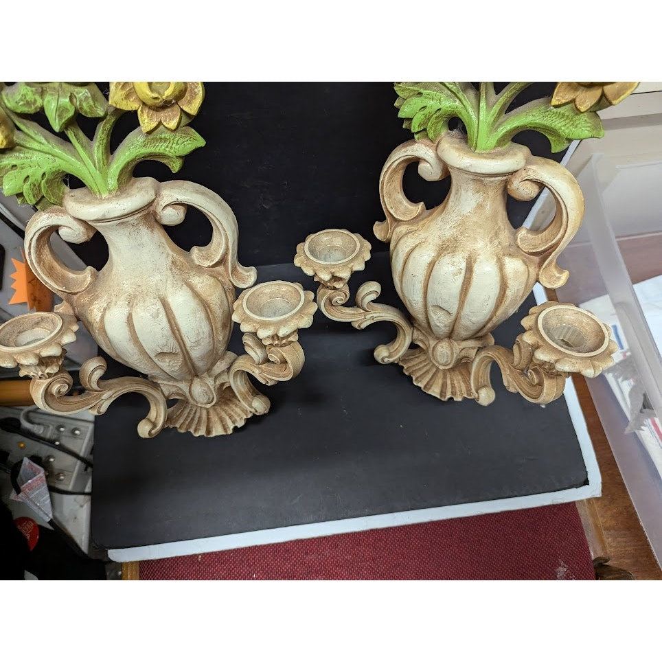 Vintage 60's PAIR  wall candleholders flower vase amphora HOMCO large Ornate