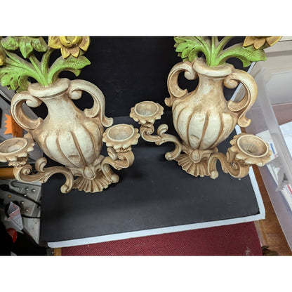 Vintage 60's PAIR  wall candleholders flower vase amphora HOMCO large Ornate