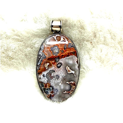 Large Sterling Silver [Flower / Crazy Lace] Agate Statement Pendant 2"  Large