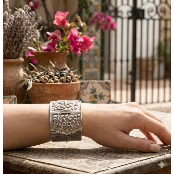 Vintage 925 Wide Mesh Statement Cuff Art Nouveau Floral Relief Artisan Repousse'