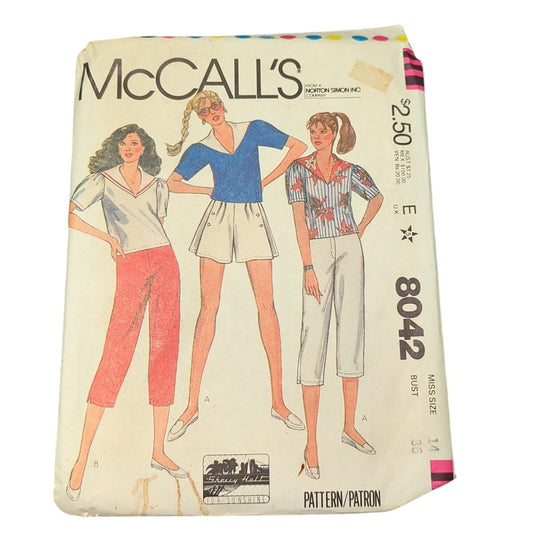 Vintage Sewing pattern McCall's 8042, Size 14, Bust 36: misses' top shorts pant
