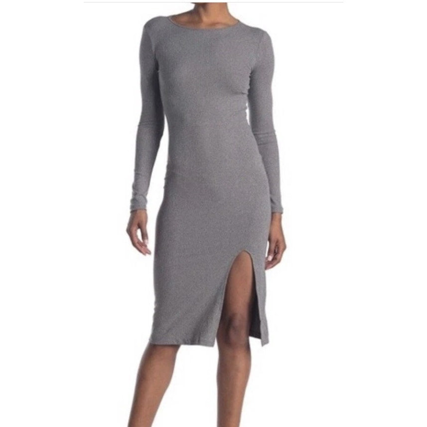Abound Side Slit Rib Knit Long Sleeve Round Neck Midi Dress Sz Small Grey NWT