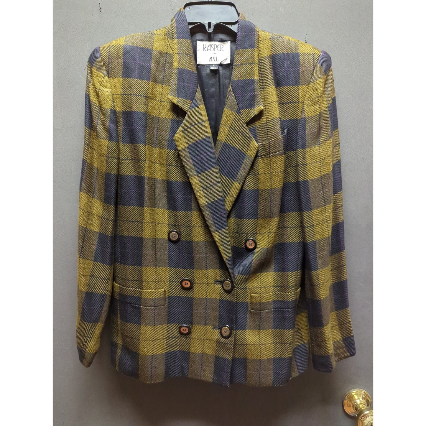 Kasper for ASL Size 4 Muted Gold Black Check Double Breasted Blazer Career