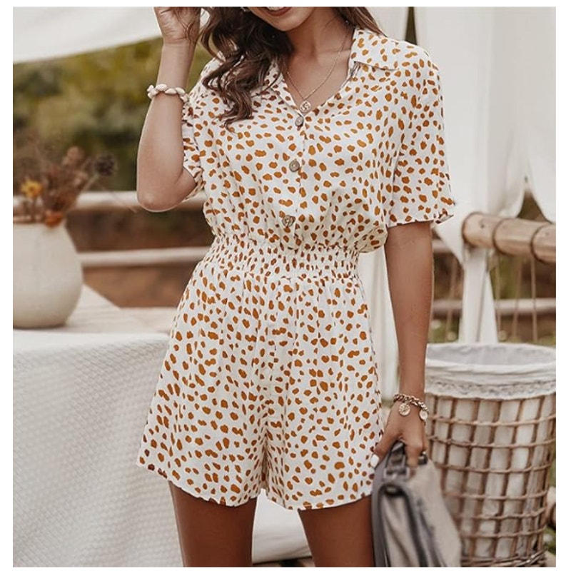 Unbranded XL Women Short sleeve shorts elastic waist Romper white brown Casual