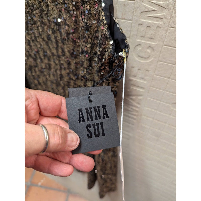 Anna Sui Gold sequin cocktail short spaghetti strap short party dress large NEW