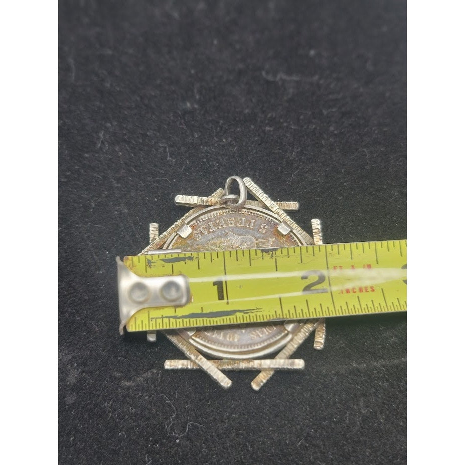 Vintage Spanish 5 Pesetas Brutalist Numismatic coin Pendant Silver Brooch Art