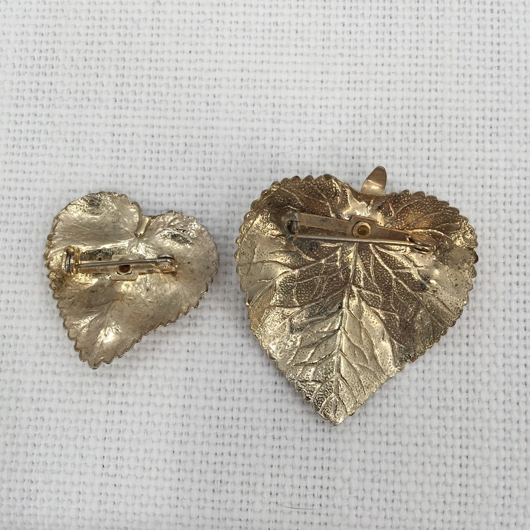Pair of vintage goldtone PINS Brooches Leaf design faux stones Pearl Sapphire