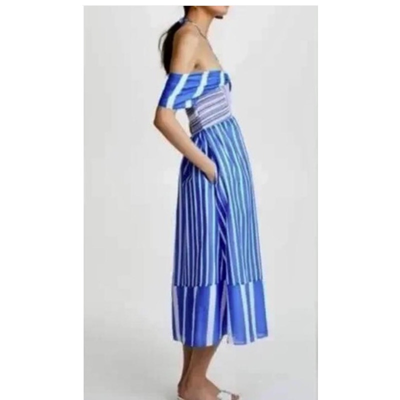 TANYA TAYLOR Celina Smocked Striped Color block Midi Dress Smocking 2 / xs NEW