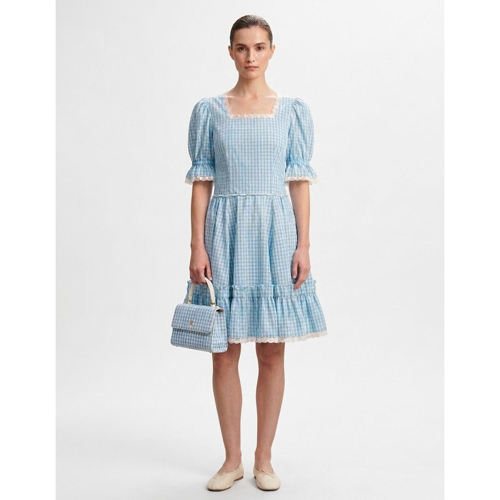 Vintage Baby Doll SQUARE DANCe Dorothy OZ Dress Short Puff Sleeve Neck Sky Blue