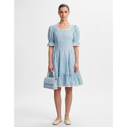 Vintage Baby Doll SQUARE DANCe Dorothy OZ Dress Short Puff Sleeve Neck Sky Blue