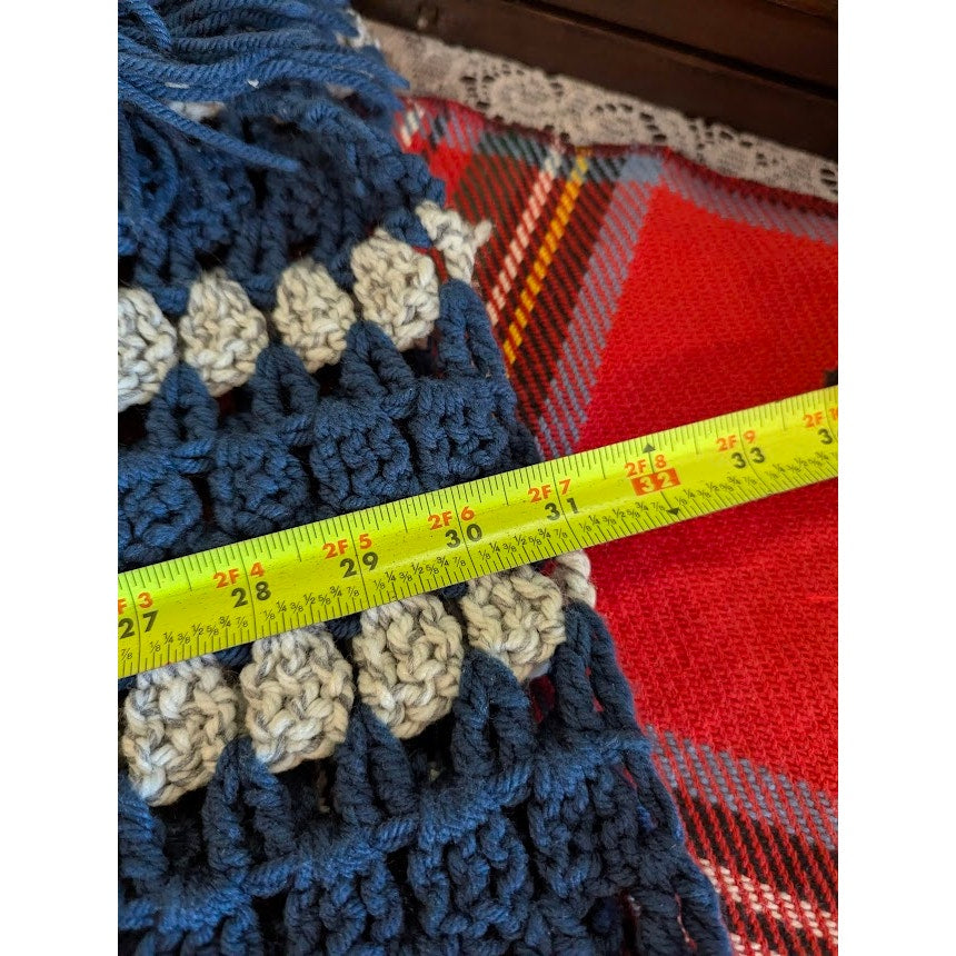 Handmade Dark Blue and Gray Crocheted Afghan throw w/ Fringe 84" x 64" Twin Bed