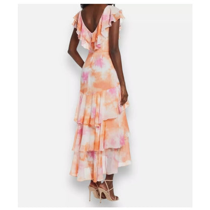 WAYF women's Passion tie dye Chelsea ruffle trim tiered chiffon maxi dress SZ XL