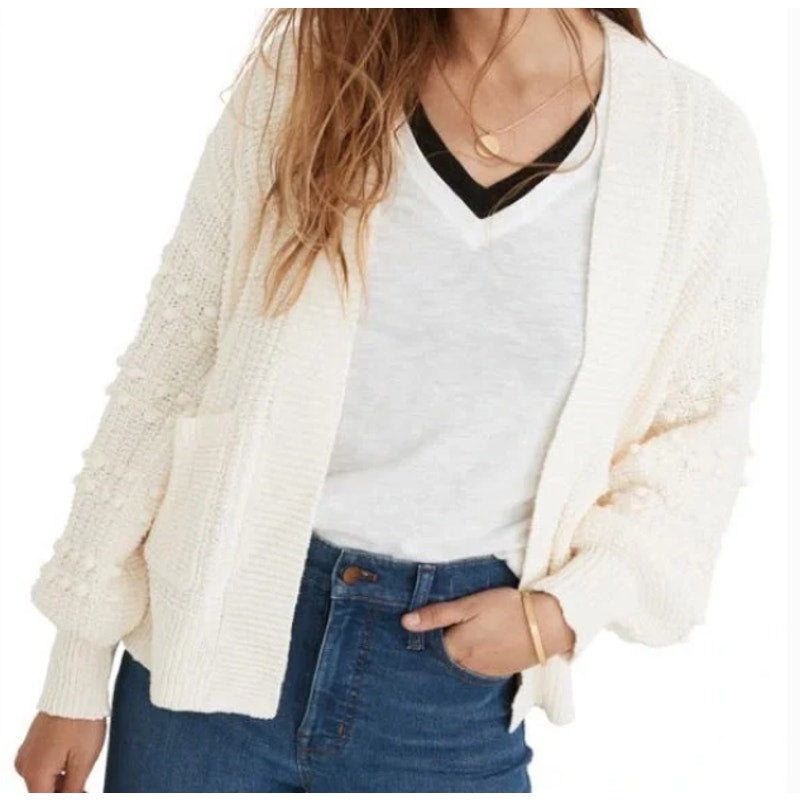 Madewell NEW Bobble Cardigan Sweater Cream Knit Textured PomPom Bell Sleeve $98