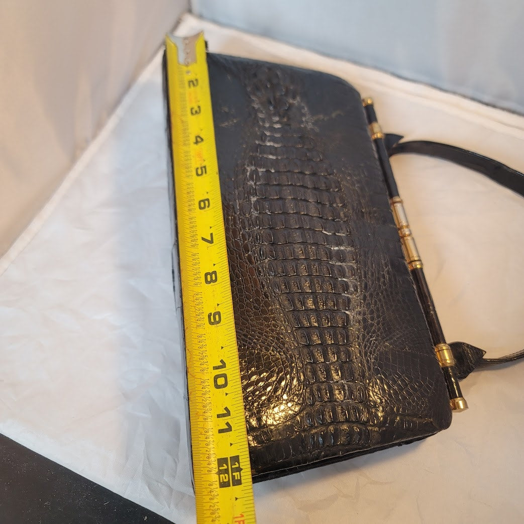 Vintage Genuine Crocodile Skin Hide handbag purse Black gold hardware