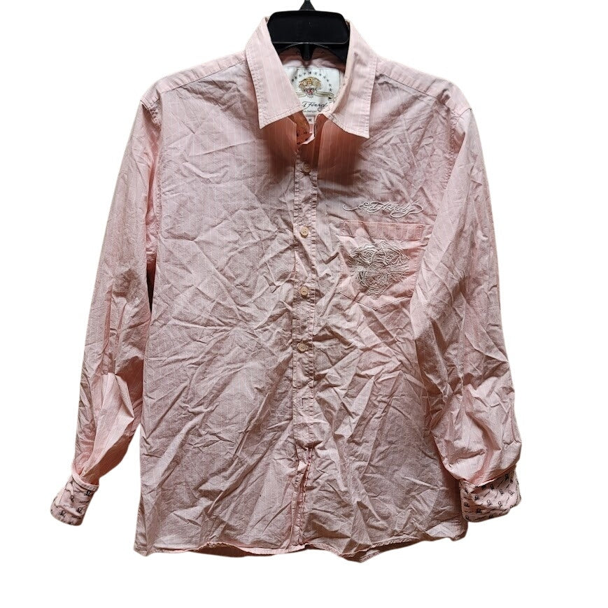 Y2K Pink White Striped Ed Hardy Top long sleeve Blouse Medium embroidered