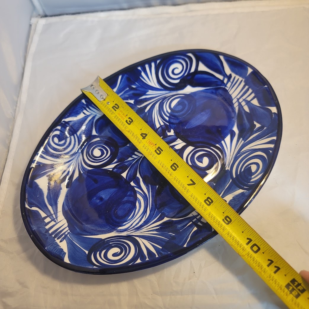 Handmade Hand painted Talavera Serving Platter Plate Blue White Oval 12" x 9"