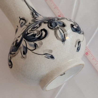 Handpainted Portugal vase blue white floral crackle underglaze 6.5"