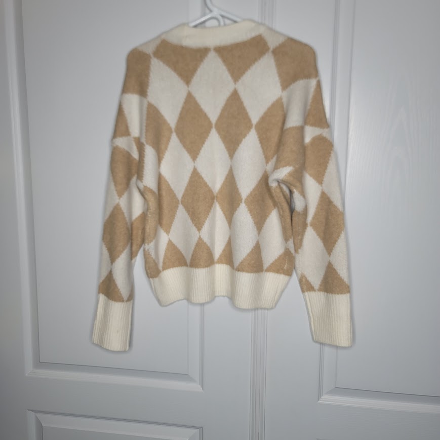 ABERCROMBIE & Fitch NEW Oversize Brown Cream White Argyle Sweater size Small