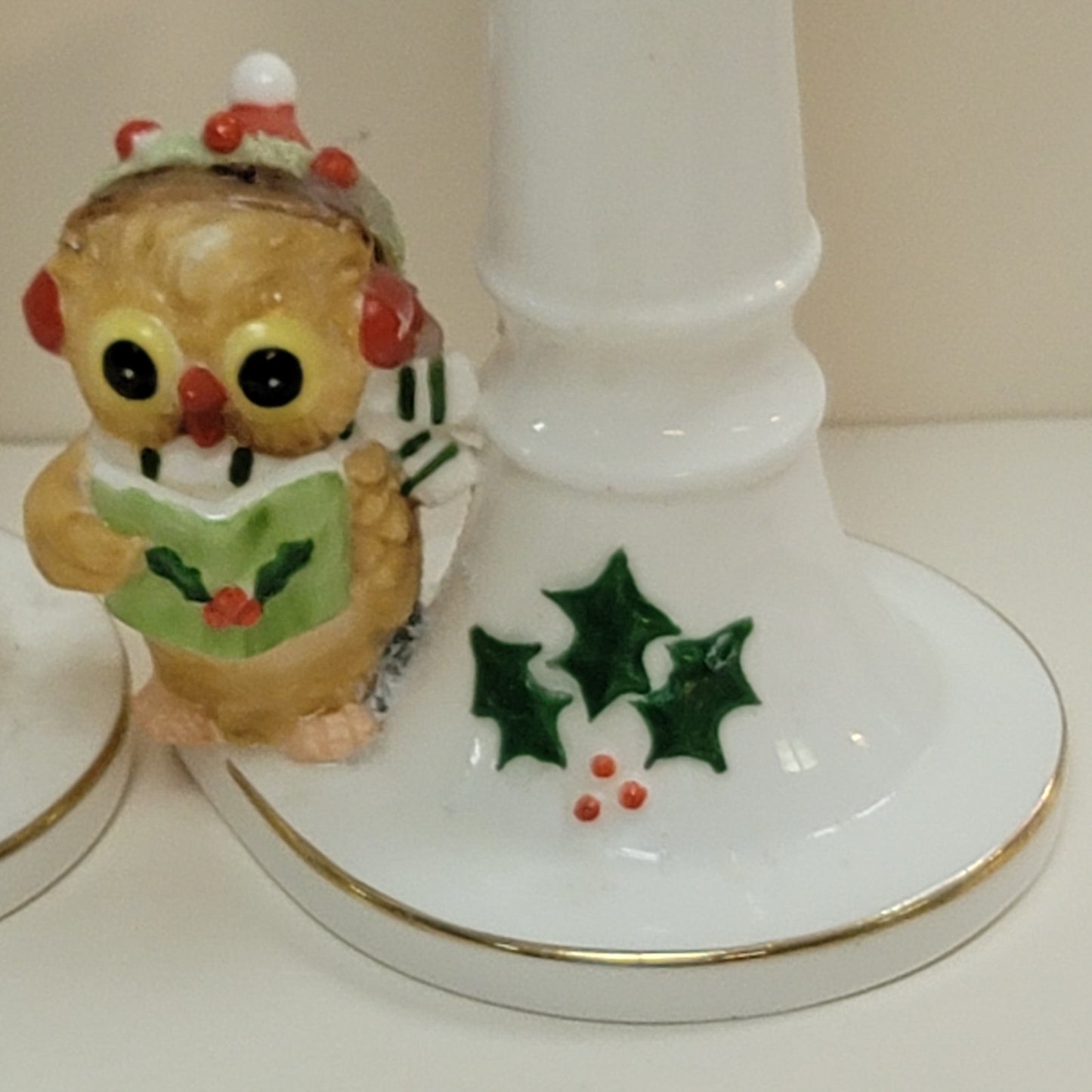 Enesco pair candlestick candle holders 1977 Bone China Holly Bird Gold White
