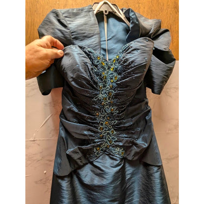 Jean De Lys Size 8 Womens Formal Dress with jacket Maxi Blue Taffeta Iridescent