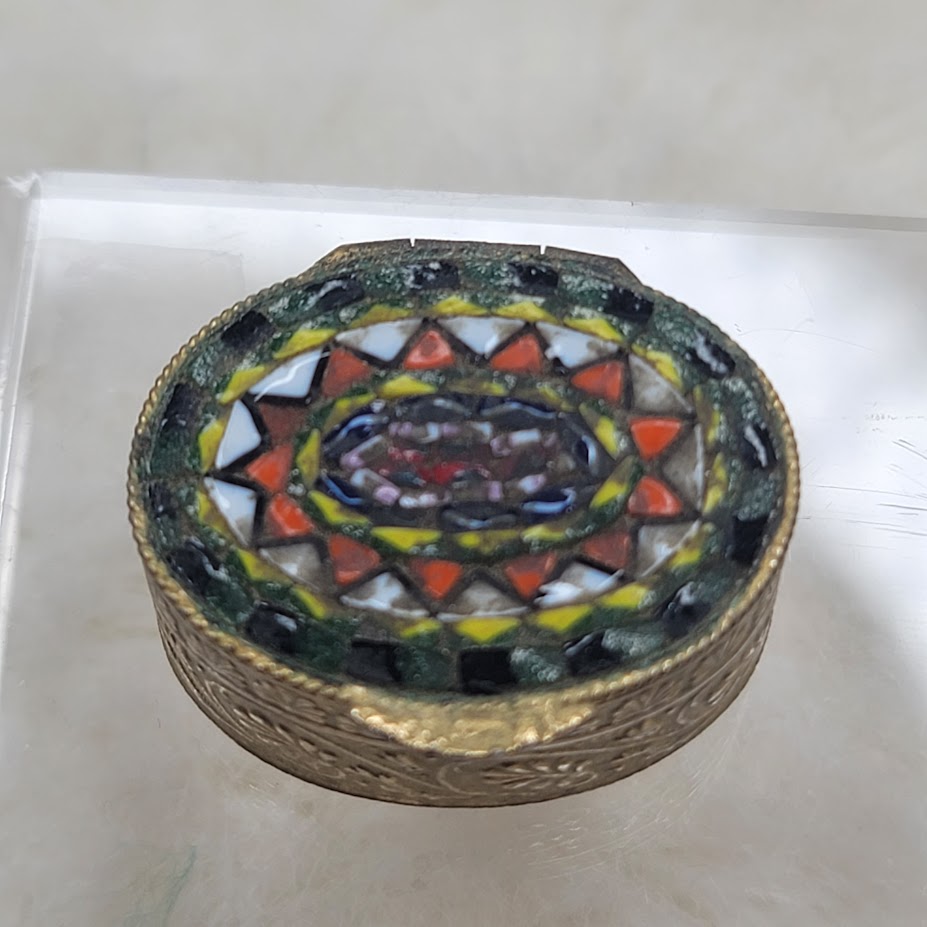 Vintage Italian Micro Mosaic Pill Box - Kaleidoscope Rose Window Motif Brass