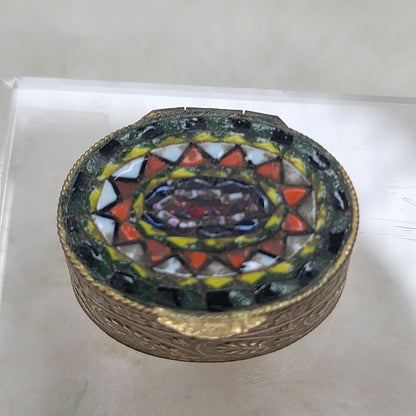 Vintage Italian Micro Mosaic Pill Box - Kaleidoscope Rose Window Motif Brass