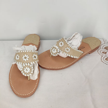 Palm Beach Sandals Tan and White Leather Flat Sandals Size 10 Made in USA