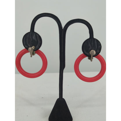 Vintage Bright Red Hoop Clip On Earrings Silver Tone Mid Century 1960s Mod
