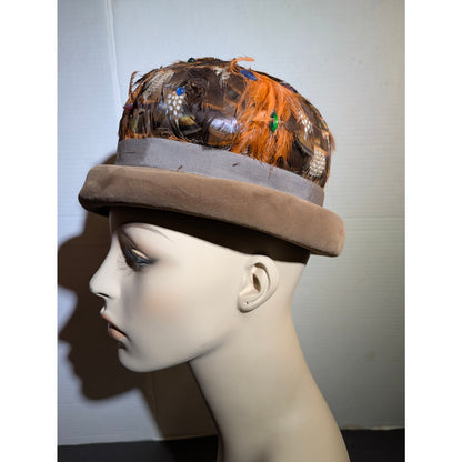 Vintage 50s Sears Fashion Millinery Feather cloche Hat Brown Orange Mid-Century