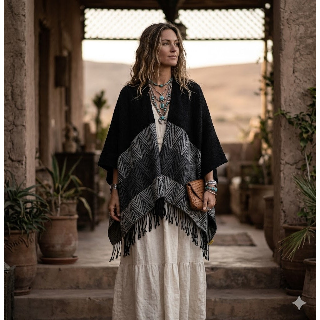 One Size Black Gray Silver Knit Fringe Sweater Poncho Cape Boho Chic Wrap