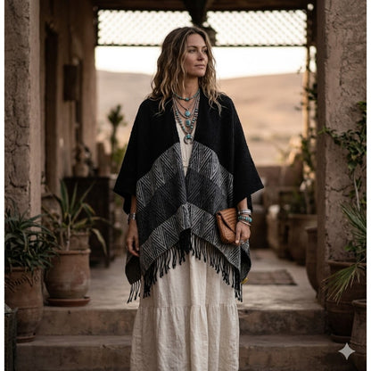One Size Black Gray Silver Knit Fringe Sweater Poncho Cape Boho Chic Wrap