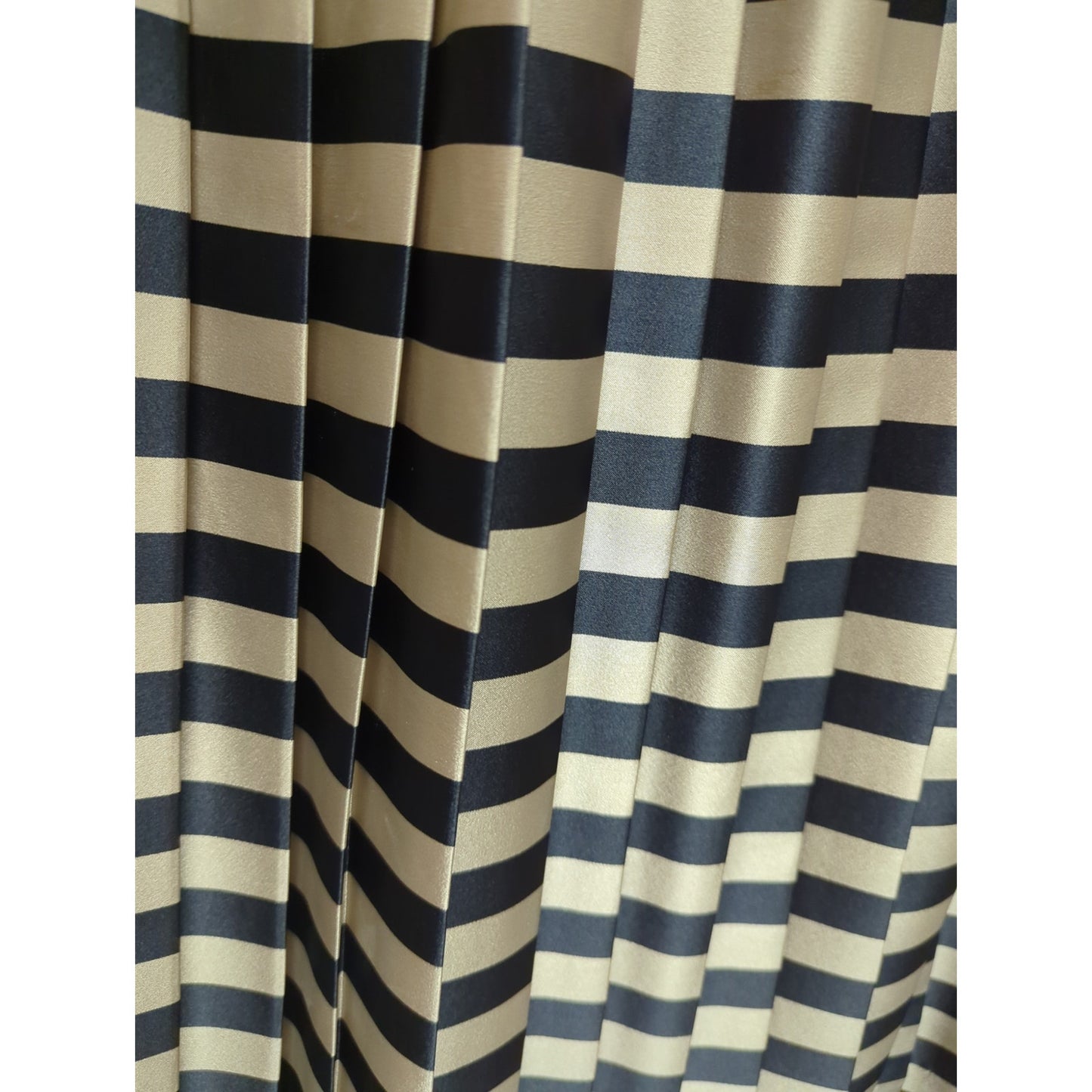 Russ Vintage Pleated Midi Skirt Size 12 Black & Tan Striped Satin Made in USA