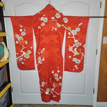 Vintage Silk Furisode (long sleeve) Kimono Robe Orange Gold Red Plum Blossom