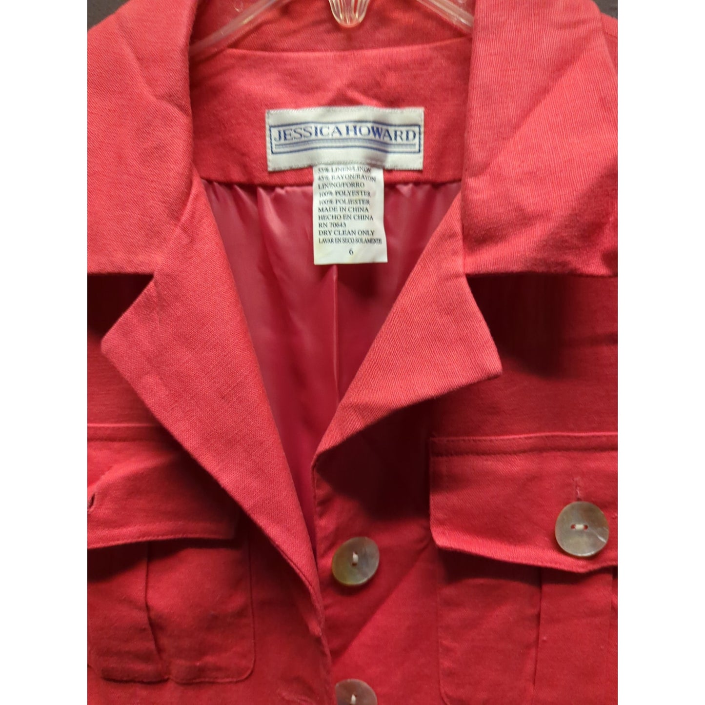 Vintage Jessica Howard Red Linen Blend Button Front Lined Summer Midi Dress 6
