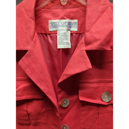 Vintage Jessica Howard Red Linen Blend Button Front Lined Summer Midi Dress 6