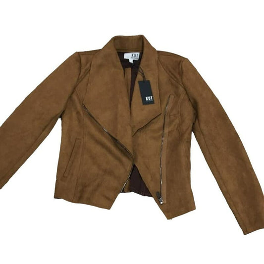 KUT from the Kloth Karina Moto Draped Faux Suede Jacket Sz Medium in Brandy NWT