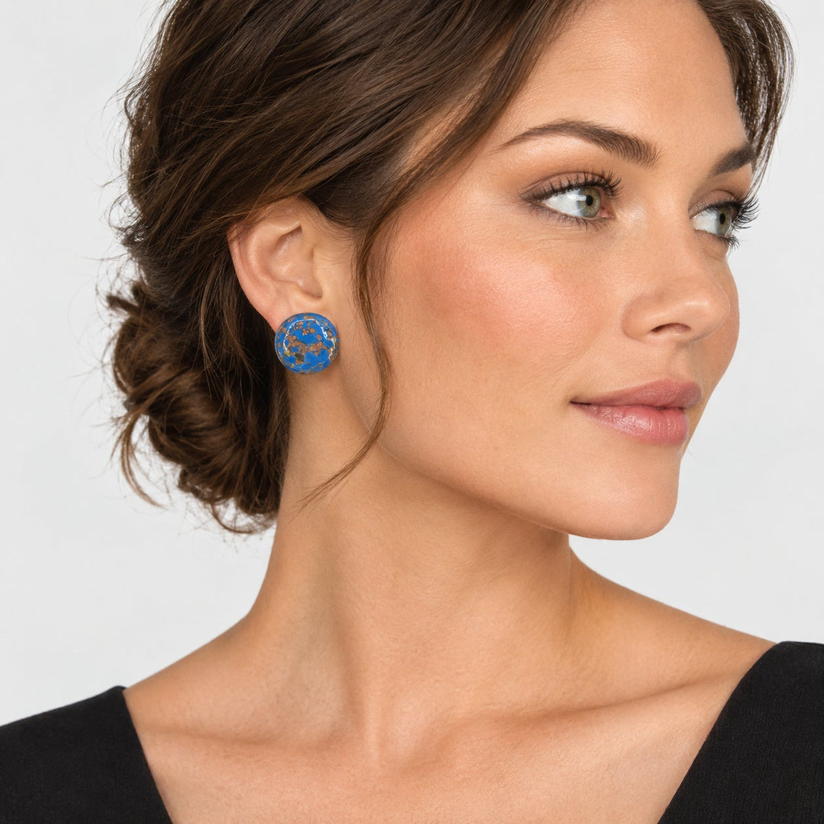 Vintage Blue Gold Fleck Glass Cabochon Clip-On Earrings Retro Mod Round
