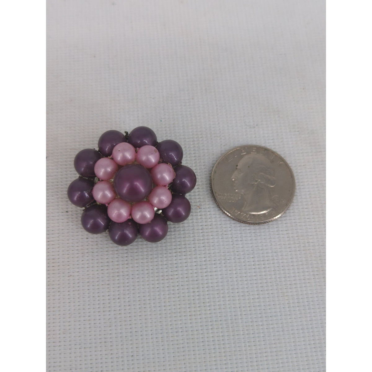 Vintage Two Tone Purple Pink Faux Pearl Cluster Clip On Earrings Mid Century