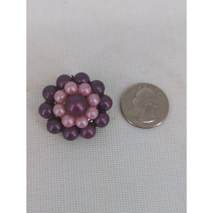 Vintage Two Tone Purple Pink Faux Pearl Cluster Clip On Earrings Mid Century