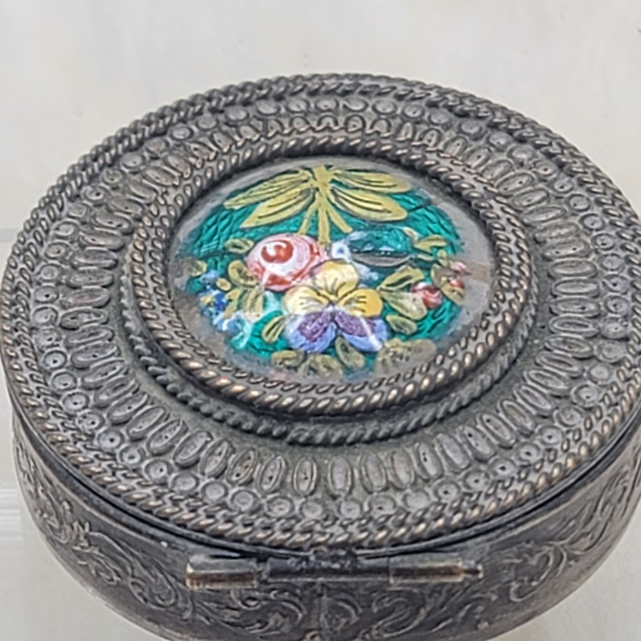 Antique French Filigree Metal & Guilloché Floral Enamel Box boudoir Pill snuff