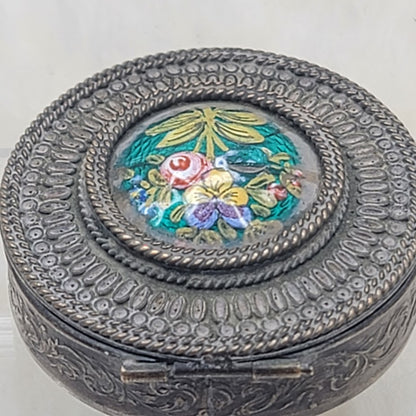 Antique French Filigree Metal & Guilloché Floral Enamel Box boudoir Pill snuff