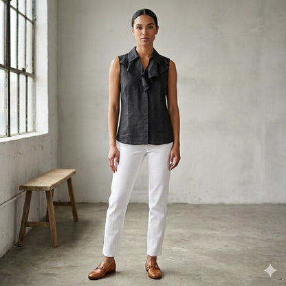 Jones New York Linen Ruffle Sleeveless Blouse Womens 6P Charcoal Black Vest Top