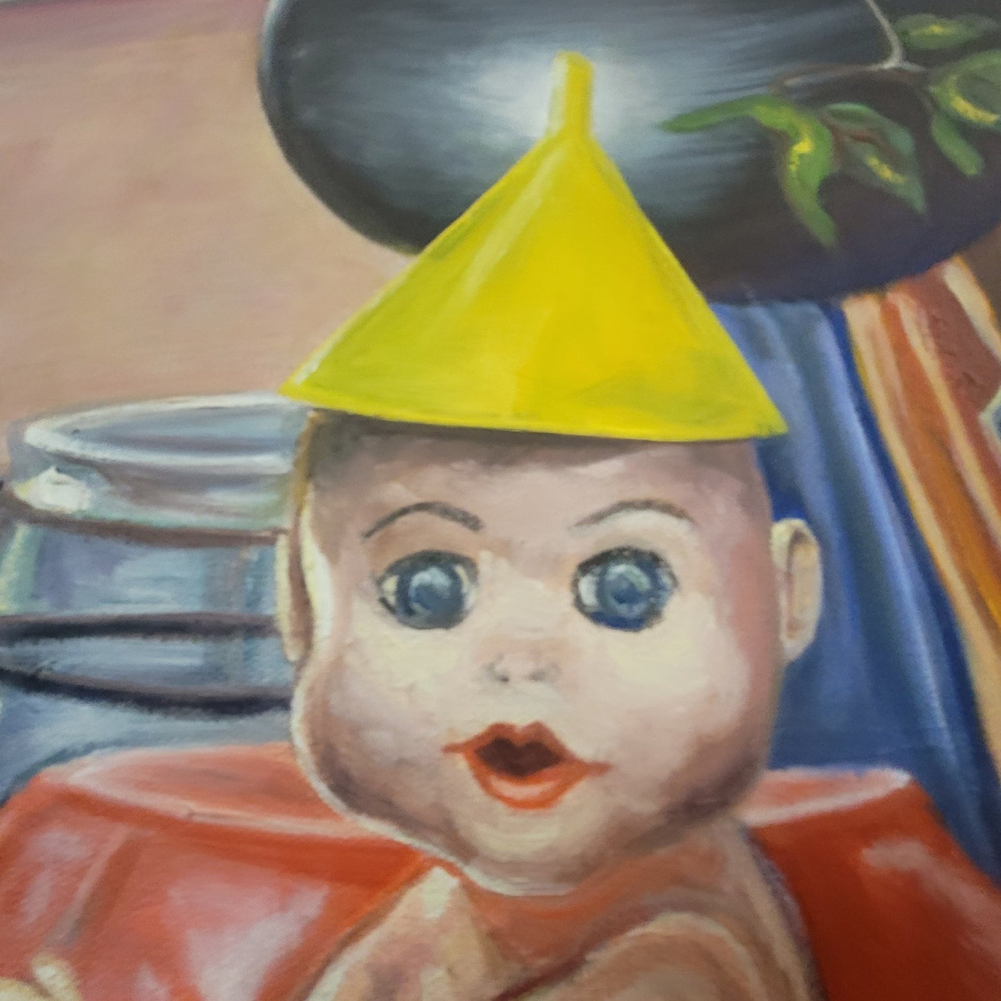 Oddities Surrealist Oil Painting Doll FunnelHat Kitsch Eclectic Moody Still Life