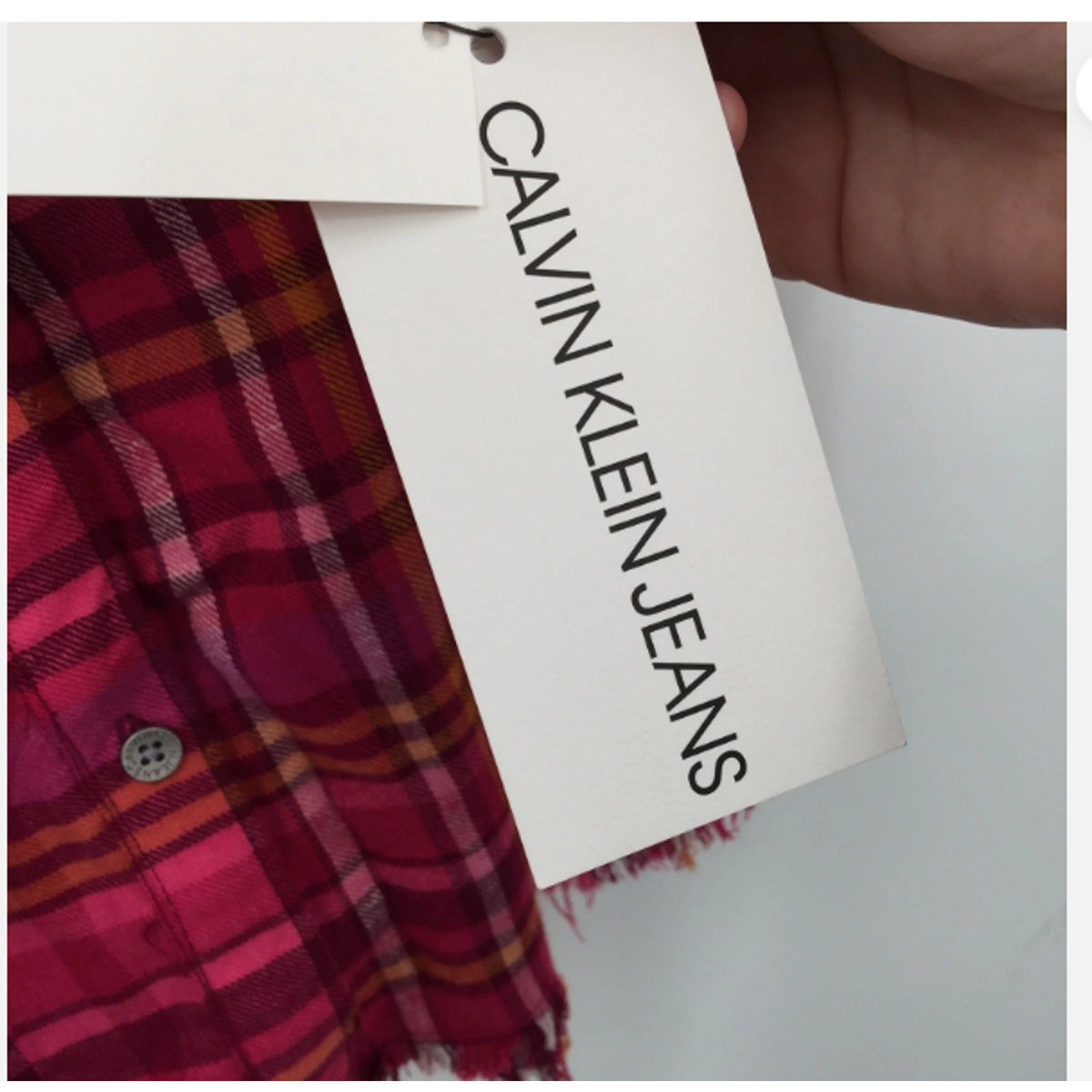 Distressed Jeans Button Up Shirt Extra Large/XL 16 Raspberry Plaid NWT Raw Hem