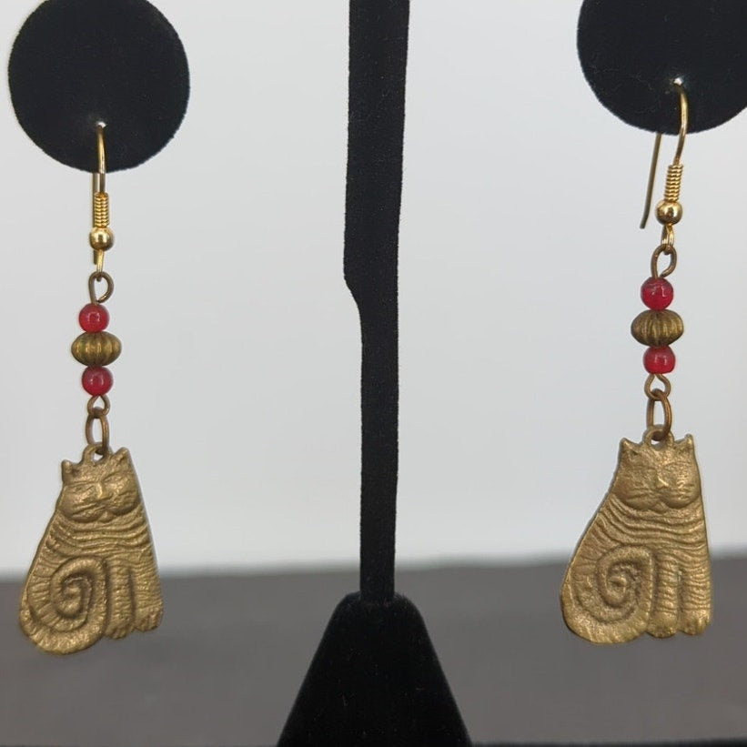 Vintage Brass Brutalist Cat Dangle Earrings 2.5 Inch Whimsical Boho Eclectic